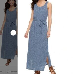 Sonoma Crew Neck Nautical Preppy Blue White Stripe Maxi Dress No Belt XL Vegan